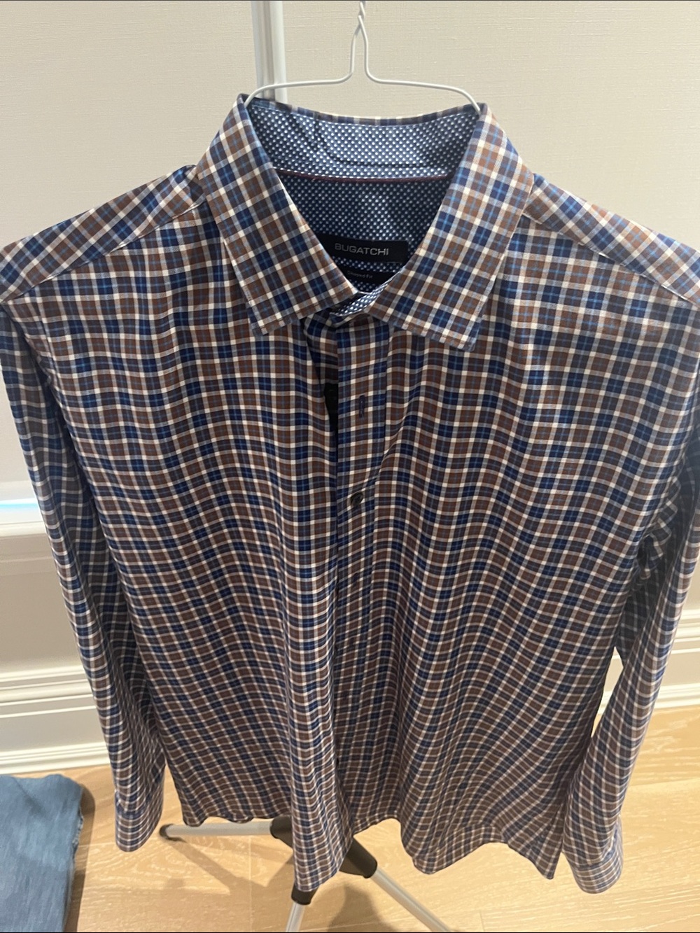 Bugatchi Men's Navy, Brown and White Plaid Dress Shirt